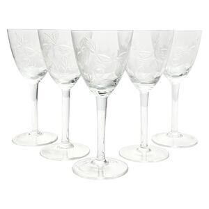 1940s Vintage Set of 5 Etched Rose Floral Wine Glasses 6 1/2” 6oz